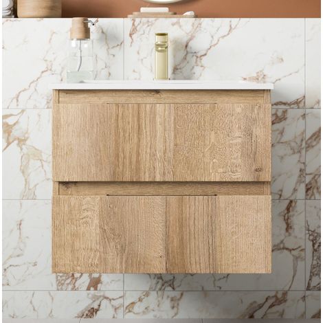 600mm Bathroom Cloakroom Vanity Unit Wall Hung 1 Tap Hole Basin Soft Close Oak (1/5)