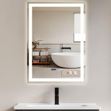 GBLY Espejo de baño con iluminación - LED 50 x 70 cm Espejo de pared de baño IP44 con interruptor táctil y reloj Espejo iluminado antihumedad con intensidad regulable de 3000K - 6500K