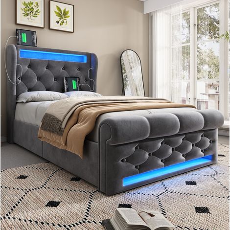 Letto imbottito in velluto grigio 90x200 cm con LED, vano contenitore idraulico, USB-C e materasso incluso (1/5)