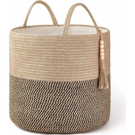 Panier de rangement tressé noir et jaune chanvre, 282828cm, orné de corde naturelle, pour le salon et la décoration intérieure. (1/5)