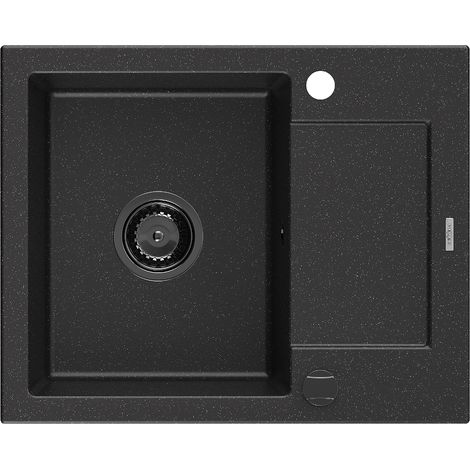 Mexen Enzo évier en granit à 1 cuve avec égouttoir 576 x 465 mm, Noir/ Argent métallique, siphon Noir - 6506571005-73-B (1/5)