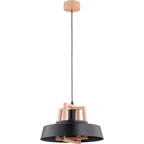 Alfa BATUT Black Ceiling Pendant Light with Natural Wood Accents, 1x E27 Socket (max 15W), Classic Hanging Lamp for Living Room, 90cm Drop, 40cm Shade, IP20