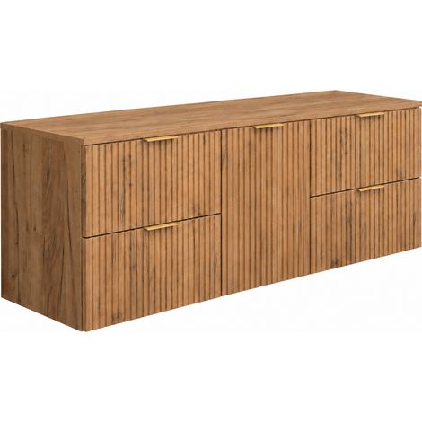 Meuble sous-vasque suspendu 160 cm, 4 tiroirs, 1 porte, fermeture douce, panier à linge, Chêne Craft, poignées dorées, 160 x 46 x 57 cm