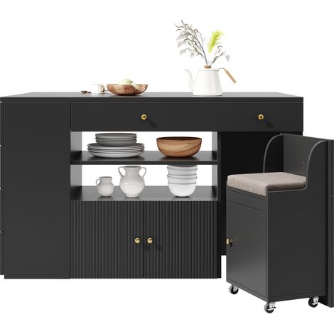 Îlot de cuisine avec tabourets de bar, meuble avec 6 tiroirs et tabourets inclus, largeur réglable 140 × 40(70) × 89 cm, blanc/noir