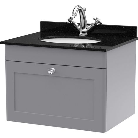 Swynnerton Traditional 1 Drawer Wall Hung Vanity Unit with Marble Basin, Satin Grey, 600mm