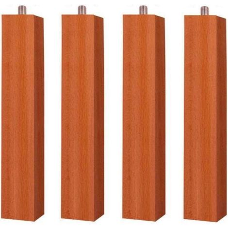 Juego de 4 Patas Cuadradas 25 cm para Somier o Base Tapizada con Rosca y Sistema Antiruido de Madera en Color Cerezo