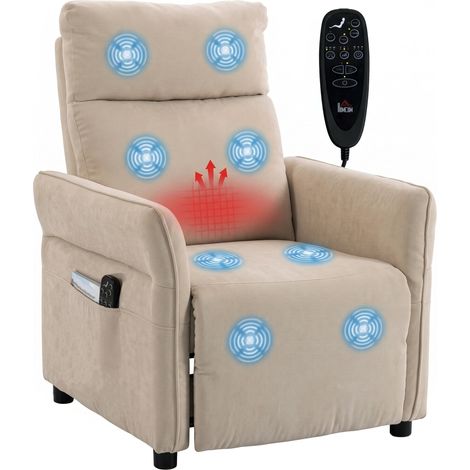 HOMCOM sillón de masaje reclinable manual, calor lumbar, mando, reposapiés, 8 zonas masaje, reposabrazos ajustables, asiento muelles, bolsillos, beige (1/5)