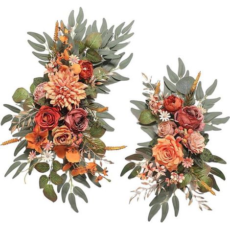 Couronne de fleurs en soie orange à suspendre, composée de 2 pièces, pour arche de mariage champêtre. Idéale pour un mariage sur (1/4)