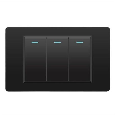 Interrupteur mural triple, panneau en verre trempé, bouton-poussoir mécanique, noir, 118 mm x 74 mm