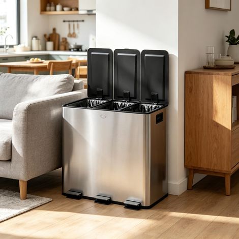 Poubelle de tri sélectif cuisine à 3 compartiments de 15L chacun, seaux intérieurs amovibles pour le nettoyage facile, poubelle de tri domestique pour votre cuisine (1/5)