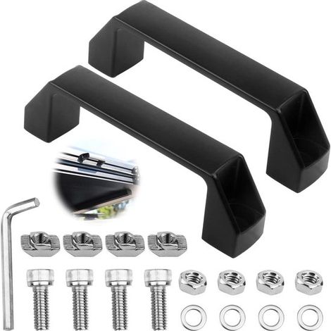 Ensemble de poignées d'étrier en deux parties - Poignées en aluminium pour profilés série 30 - Noir - Entraxe de perçage : 120 mm - Vis et clé incluses (1/5)