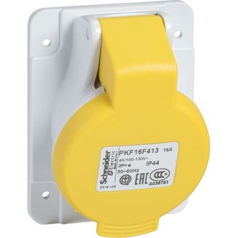 Prise socle industrielle 16A 2P+T inclinée clapet jaune 100/130V CA 50/60Hz IP44 IK08 850°C Pratika SCHNEIDER ELECTRIC PKF16F413 (1/3)