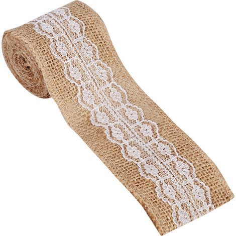 Ruban de jute naturel avec dentelle blanche, style rustique pour décoration de mariage, fête et artisanat, lot de 6 (1/5)