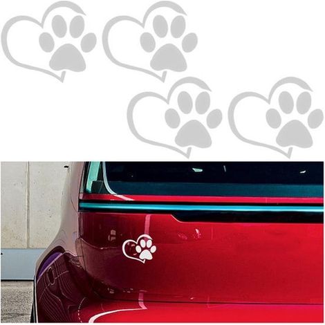 Confezione da 4 adesivi autoadesivi a forma di zampa di cane per auto, simpatici adesivi a forma di cuore, universali, impermeabili e decorativi. (1/5)