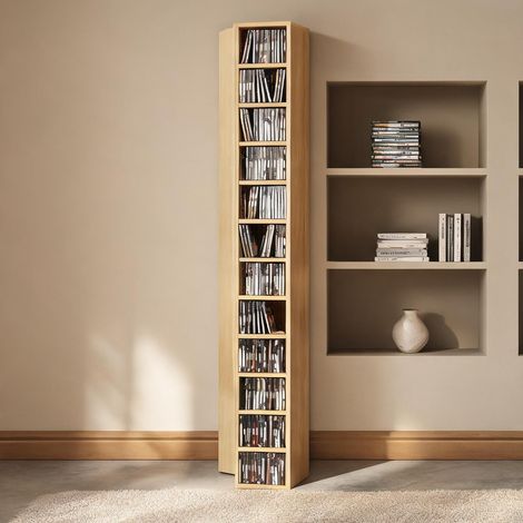 Tour de rangement pour CD et DVD avec 12 étagères bois naturel (1/5)