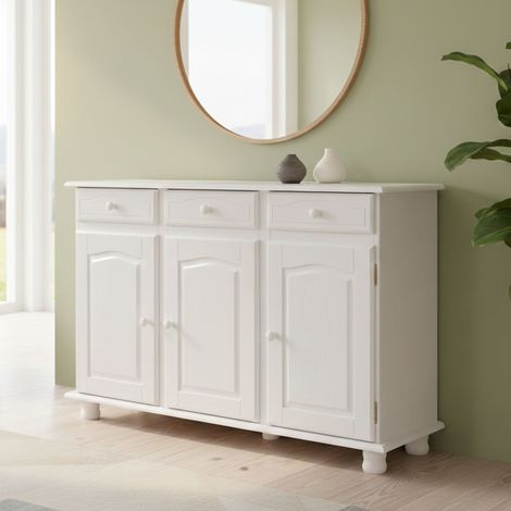 Dmora Buffet 3 portes 3 tiroirs en pin massif vernis à l'eau blanc, avec emballage renforcé (1/5)
