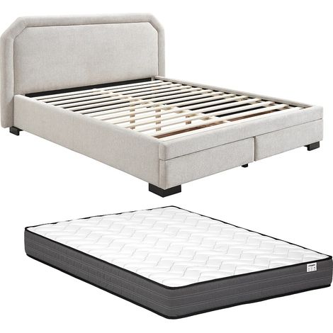 Lit avec tiroirs 140 x 190 cm - Tissu - Beige + Matelas - INASTO (1/5)