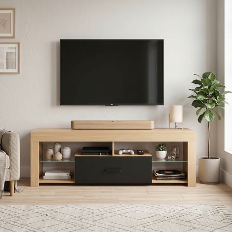 Meuble TV 140 cm 65 pouces étagères verre réglables tiroir compartiments chêne. Meuble TV design avec étagères verre, élégant et fonctionnel. (1/5)