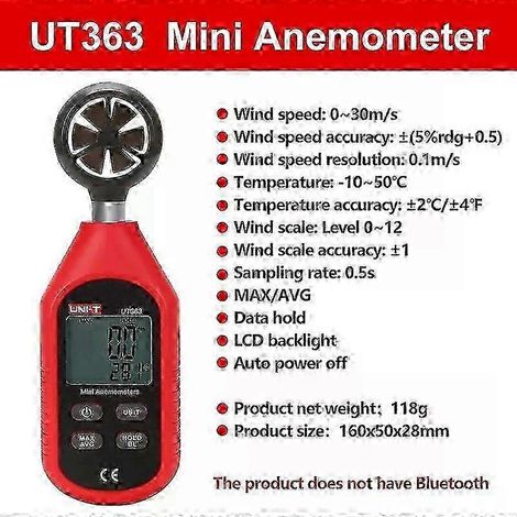 Anémomètre numérique portable UT363, testeur de vitesse du vent et de température UT363BT, écran LCD, anémomètre de débit d'air, xUT363 (1/5)