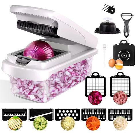 Coupe Legumes Multifonctions- Mandoline Cuisine- Decoupe Legumes 15-en-1 avec 7 Lames interchangeables- Mandoline Multifonctions - Coupe Legumes - Nouveau design Compact Blanc pour Oignons Concombre