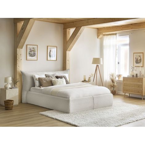 Bobochic – Lit coffre 140x190 cm avec tête de lit effet oreiller – Coffre spacieux 266L – Revêtement velours côtelé doux – Montage facile (1/5)