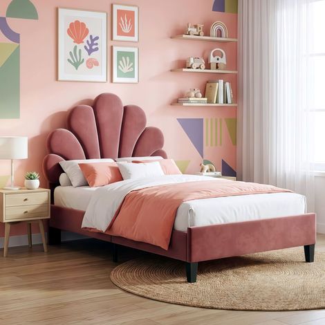 Eifson – Lit simple 90x200 cm – Tête de lit fleurie – Sommier à lattes en MDF et métal – Tissu velours rouge – Adapté enfants et adolescents