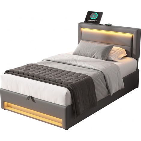 Lit adulte 90x190 cm revêtement PU gris, avec rangement et LED pour chambre, sans matelas - FLORAGRACE (1/5)