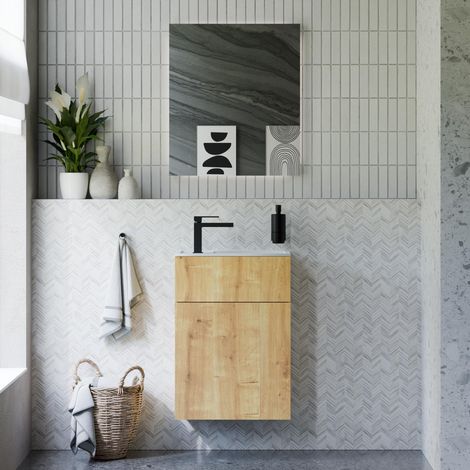 BERNSTEIN - Ensemble meuble vasque Chêne miel 50x26x72cm, Lavabo fonte minérale Blanc mat + Miroir LED dimmable 60x70cm (LxH) - KONDA