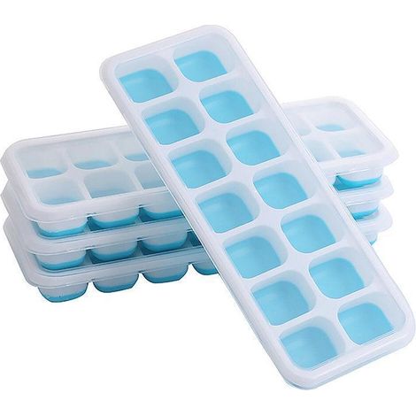 Lot de 4 bacs à glaçons avec couvercle, moule en silicone à démoulage facile, 14 glaçons, bleu (1/5)