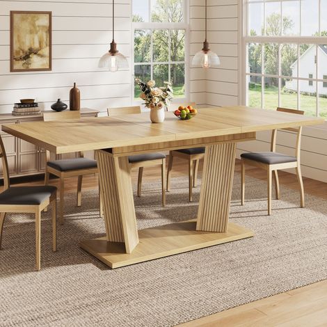 Table à manger extensible 120-160 x 80 x 76 cm en MDF finition bois naturel, base stable avec pieds antidérapants réglables. (1/5)