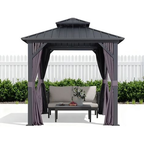 PURPLE LEAF 2.4 x 2.4 m Pergola Économique de Jardin en Aluminium à Toit Rigide, Tonnelle avec Moustiquaire et Rideaux, Pavillon Double Toit, Gris
