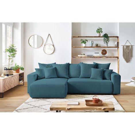 BOBOCHIC - Canapé d'angle réversible convertible coffre ENVY velours côtelé avec pouf Bleu foncé (1/5)