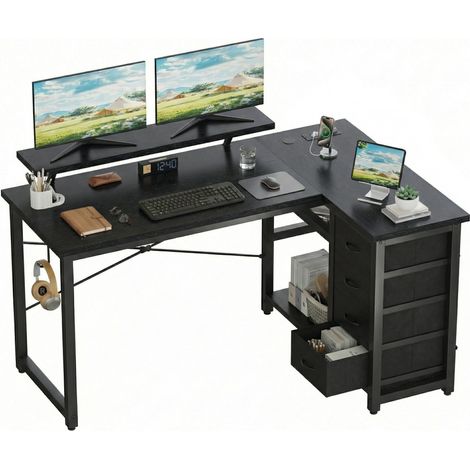Bureau d'angle en L, 140x80cm, 4 Tiroirs, Réversible, Noir (1/5)