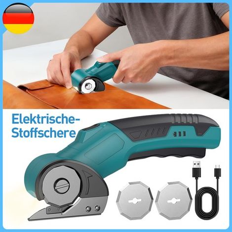 Ortviai – Akku-Elektroschere mit Rundmesser – schneidet Stoff, Karton, Leder, Filz und Teppich – 4 V, 300 U/min, USB-wiederaufladbar – Blau, mit 2 Ersatzklingen