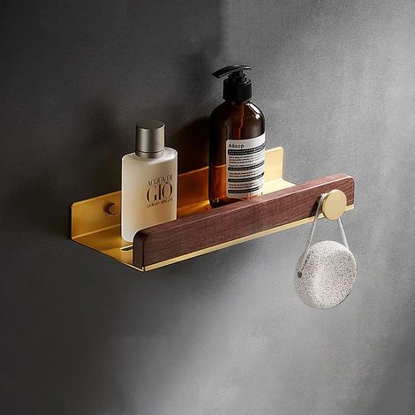 Étagère d'angle de salle de bain (30 cm avec crochet) en bois de noyer brossé, finition or brossé, avec barre de rangement et crochet. (1/5)
