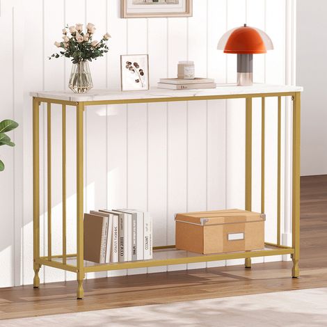 Table Console,Console Meuble Entrée,85x30x81cm D'ENTREE,Buffet étroit pour Salon,85X30X81cm,Plateau en Bois Marron et Cadre en métal,OR (1/5)