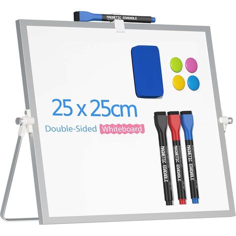 Tableau blanc magnétique de bureau avec support, 25 x 25 cm, tableau blanc double face effaçable à sec, chevalet portable pour la maison, le bureau et l'école, avec marqueurs, aimants et effaceur. (1/5)