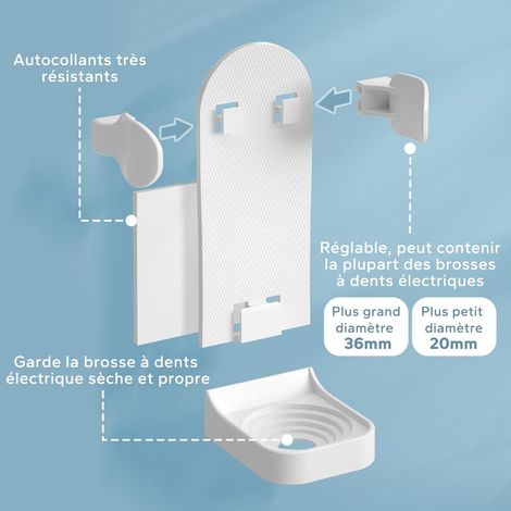 Lot de 2 - Support Brosse à Dents Électrique - Porte-brosse Mural Adhésif - Organisateur Réglable pour Salle de Bain - Blanc - 36x10cm