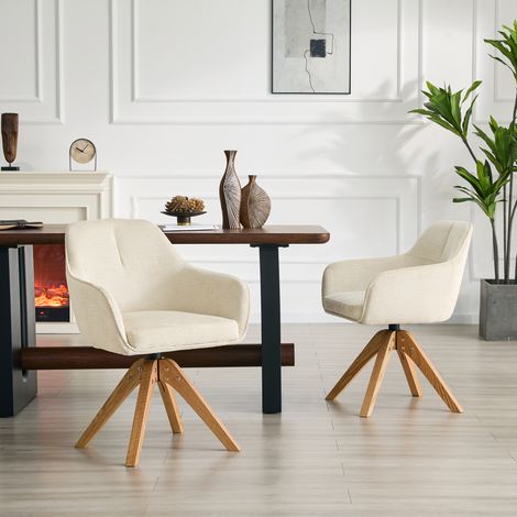 Juego de 2 sillas de comedor giratorias 360° con reposabrazos, tapizadas en tela y con patas de madera maciza - color beige