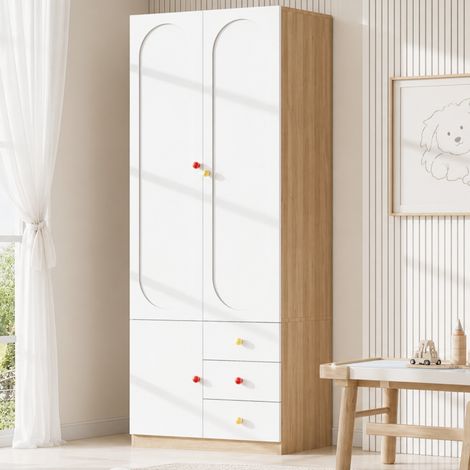 Armadio bambini 2 ante con cassetti - 80x50x200 cm guardaroba per cameretta con appendiabiti legno mdf - bianco laccato e maniglie in ceramica colorate (1/5)