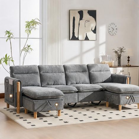 Canapé modulable en U gris clair avec 2 poufs de rangement (1/5)