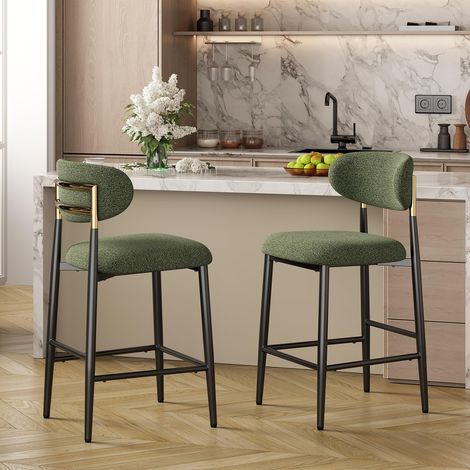 Tabouret Bar, Tabouret de Bar Lot de 2, Chaise de Bar avec Dossier Enveloppant et Mousse Haute Densité, Pieds en Métal Noir et Détails Dorés, Convient aux Cuisines, Cafés et Bars, Vert (1/5)