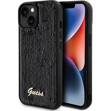Guess GUHCP14SPSFDGSK iPhone 14 / 15 / 13 6.1 custodia rigida nera/nera con scritta in paillettes e metallo (1/5)