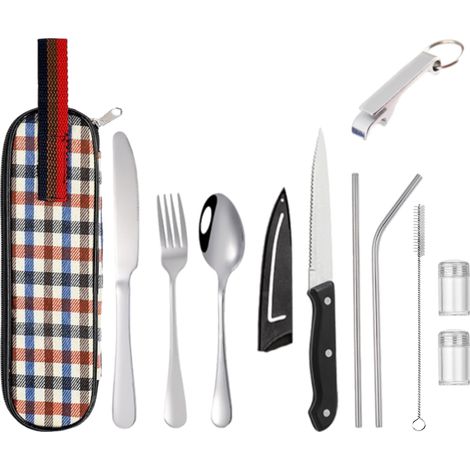 Couverts De Voyage Réutilisables En Acier Inoxydable - Couteau Fourchette Cuillère Baguettes Paille Avec Boîte De Rangement - Lot De 6 Pièces (1/5)