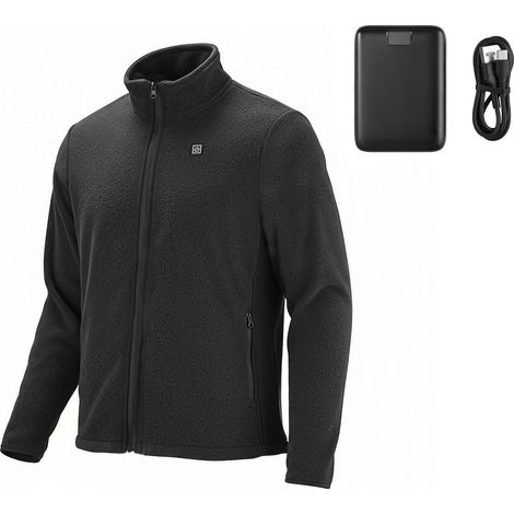 Veste Chauffante Polaire Homme, Sweat Thermique avec Batterie Externe 7,4V 16000mAh, 6 Zones de Chauffage, 3 Niveaux de Température, 3h/6h/10h d'Autonomie, pour Camping Hiver, Noir (1/5)