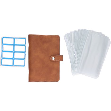 Porta banconote formato A6 in similpelle, formato portatile, con 6 fori preforati, organizer per il budget con 12 tasche trasparenti con cerniera e piccole etichette marroni. (1/5)