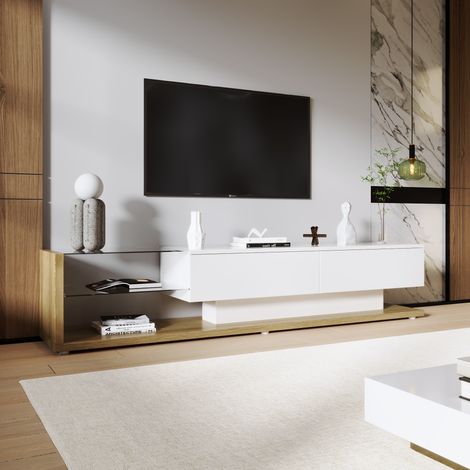 Mueble TV 170x36x38 cm diseño moderno acabado con panel de cristal y luz LED regulable blanco brillante y color madera (1/5)