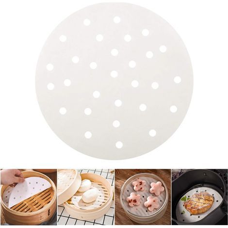 Packung mit 100 runden Rollen antihaftbeschichtetem Backpapier, perforiert für Heißluftfritteuse und Dampfgarer, 18 cm (1/5)