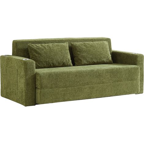 Canapé convertible 2 places en velours vert avec USB, porte-gobelets, poches latérales et 2 coussins pour petit espace, salon ou studio - CHICFURN (1/5)