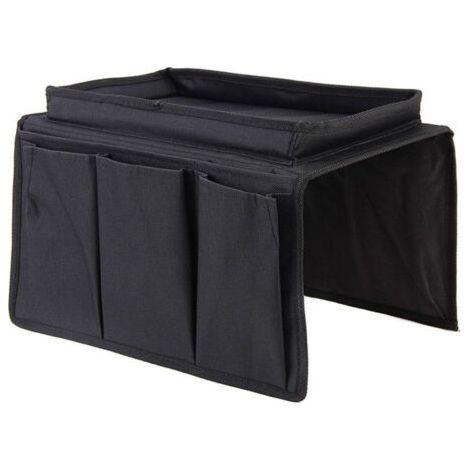 QORVA-Organiseur d'accoudoir de canapé avec plateau de rangement et support de télécommande pour téléphone, livres, magazines, télécommande, verres, tasses, collations et sac à main (noir) (1/5)